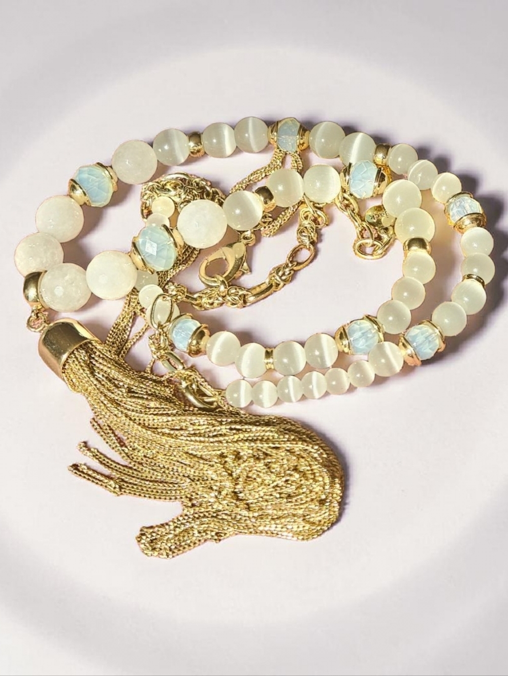 Bella Jack White Cats Eye Glass Bead Tassel Necklace Vintage